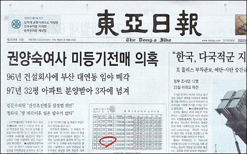 문제가 되고 있는 <동아> 19일자 1면 